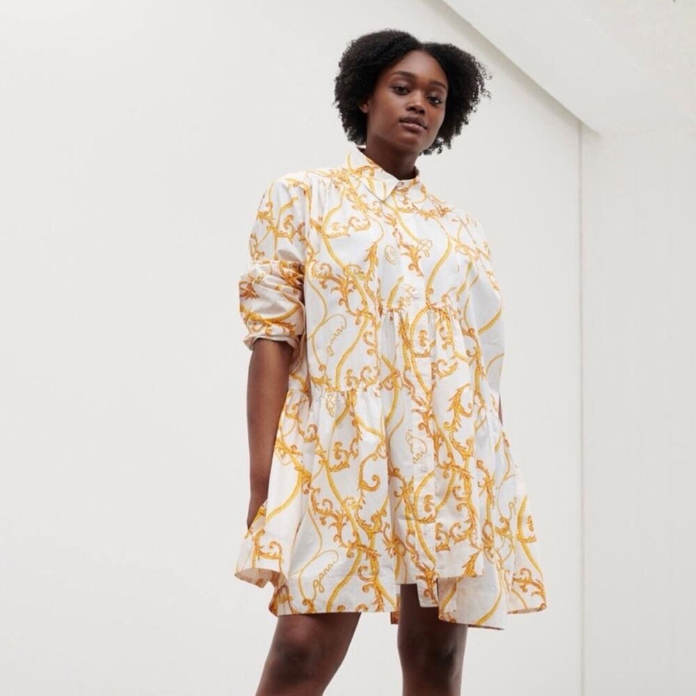 Ganni Printed Cotton Poplin Gathered Panel Wide Mini Shirt Dress Size 38